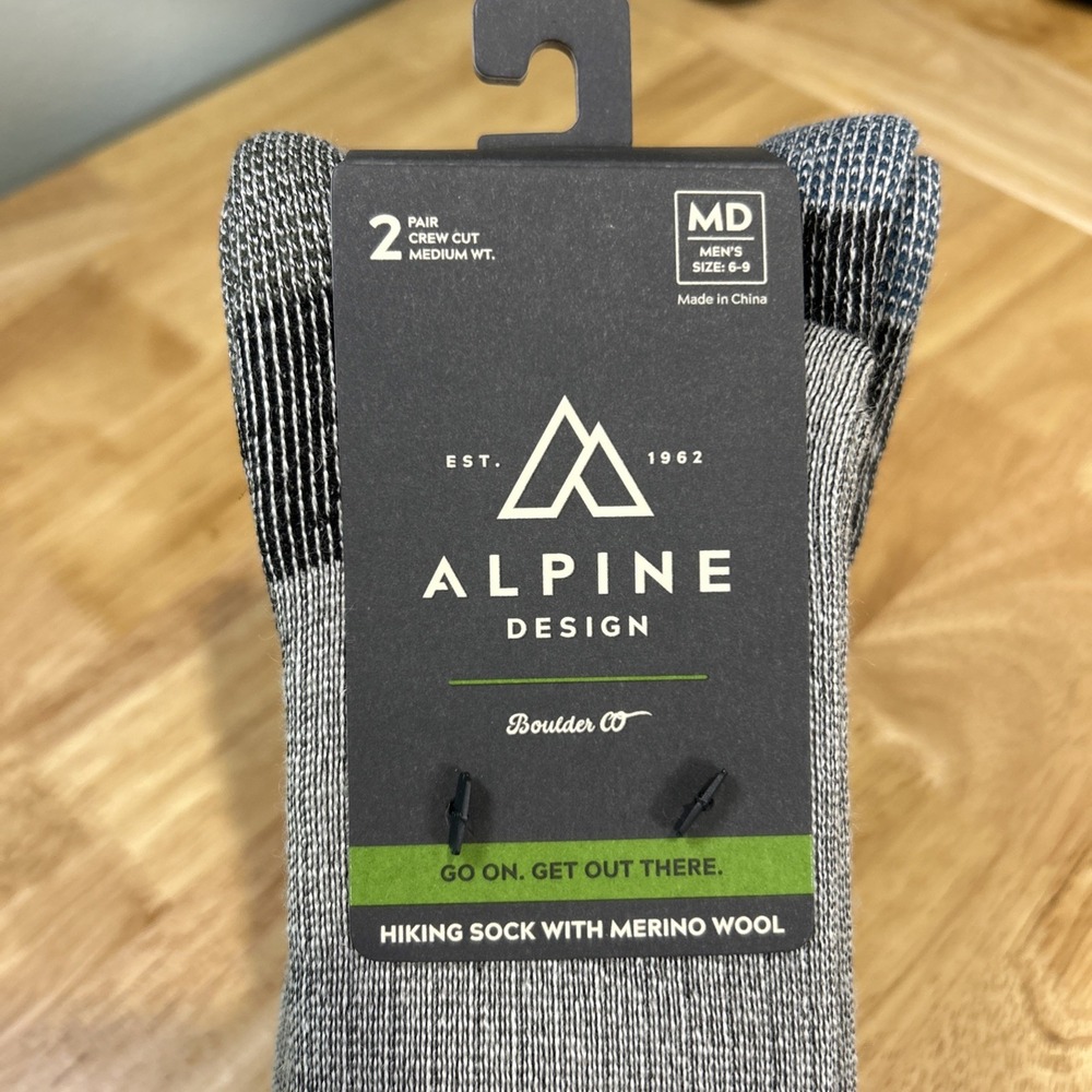 Alpine Design Crew Merino Wool Hiking Socks Grey Black Blue 2 Pack Mens Size 6-9